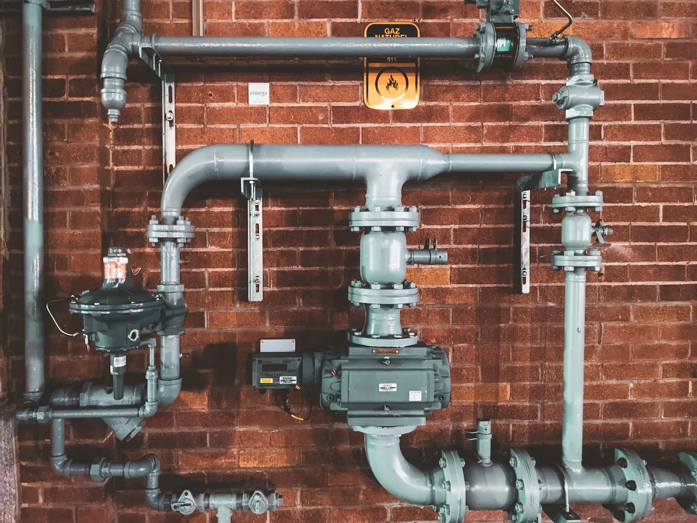 Large piped manifold with valves mounted on a brick wall